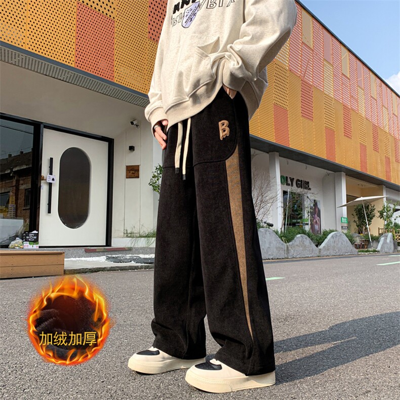 冬季加绒加厚欧棉绒抗起球超细条休闲裤男美式高街拖地裤869-P65图片