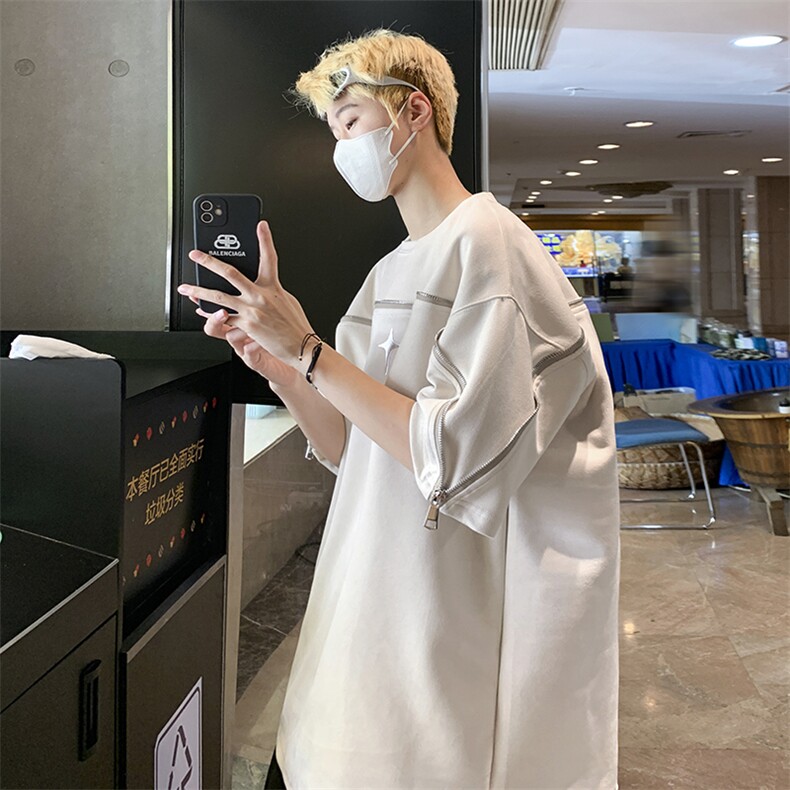 T5570-P36夏季宽松型鹿皮绒拉链设计感短袖,男装T恤,星座1501-1