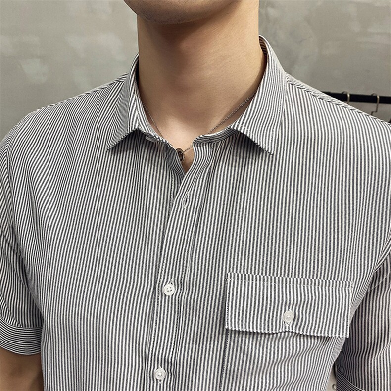 现货2021条纹短袖衬衫男修身抗皱CS14P45,男装T恤,电商B413