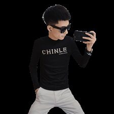 4秋季长袖修身T恤刺绣社会精神小伙男半高领打底衫C301B-CT14，男装T恤，电商C301B