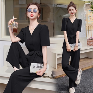 法式气质V领修身显瘦西装连体裤女2026夏款高级感时髦休闲连衣裤图片