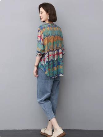 妈妈时尚两件套2025夏季印花衬衣中年宽松显瘦套装薄款九分牛仔裤,女装套装/套裙,叶笙衣