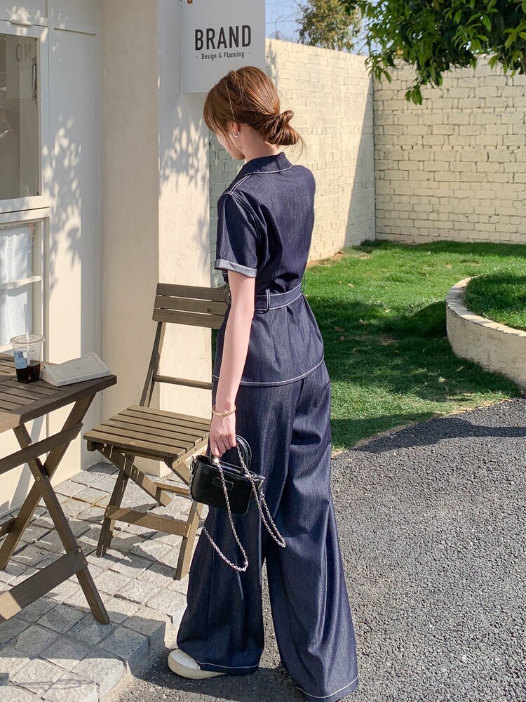 休闲工装收腰牛仔阔腿裤套装女夏2026新款高级感两件套松弛感,女装套装/套裙,印象茜