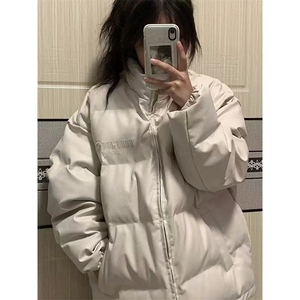 学院风立领保暖pu皮字母刺绣棉服女冬季新款学生复古宽松棉衣外套图片