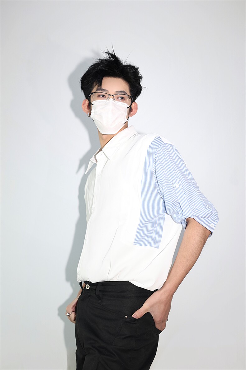 明星私服假两件宽松拼接飞肩设计感假两件条纹短袖衬衫卫衣特P39,男装卫衣,电商B319