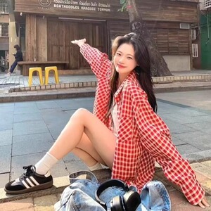 TC635-P45日系复古红色格子长袖衬衫女韩版百搭宽松甜美设计感图片