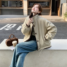 卡其色韩系两面穿工装派克服女2025冬新款小个子气质保暖毛绒棉服，女装派克服，2C236