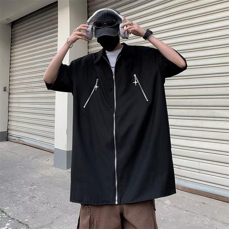 日系五分袖新款衬衫潮流慵懒男方领拉链衬衫J8001P32,男装衬衫,星座1116-2