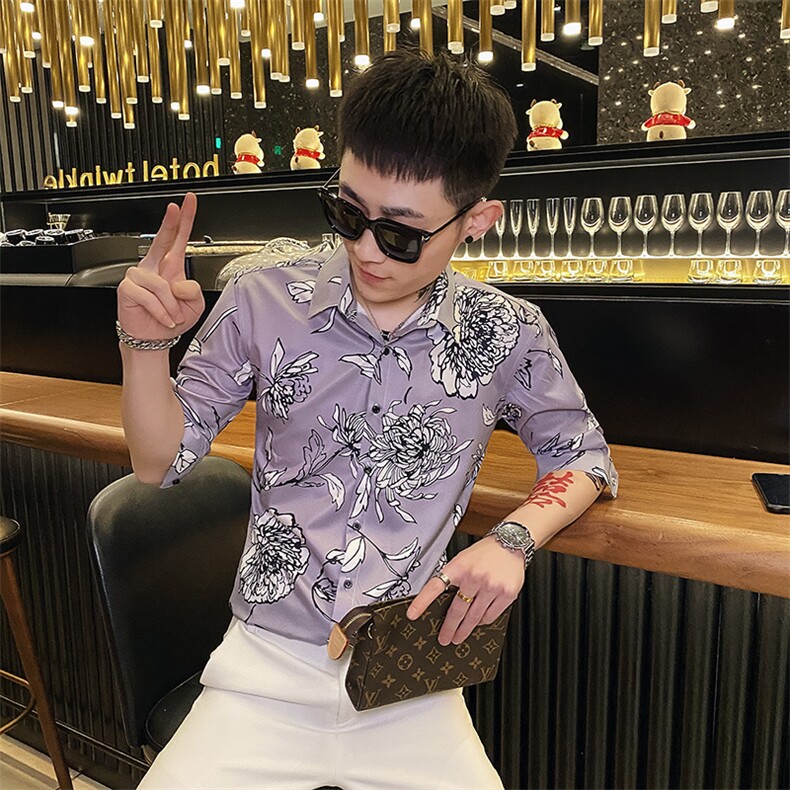 312A-114-P55 新款社会小伙中袖衬衫韩版潮流男士五分袖衬衣A图片