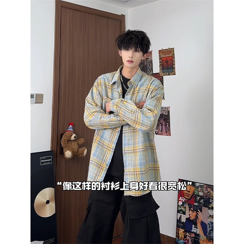 特P35二开无差价长袖百搭春秋格子衬衫-HS2180港风自拍,男装衬衫,电商A003
