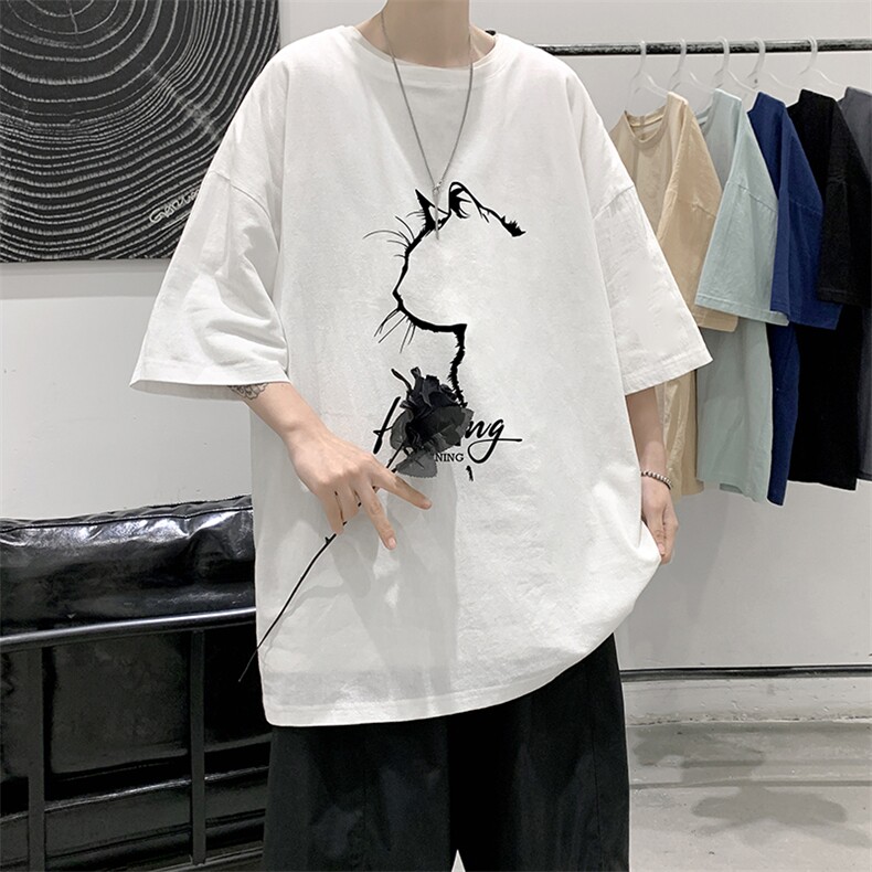 YT26344-P30亚麻短袖t恤男大码五分袖男宽松七分袖大皂风模特,男装T恤,电商A040