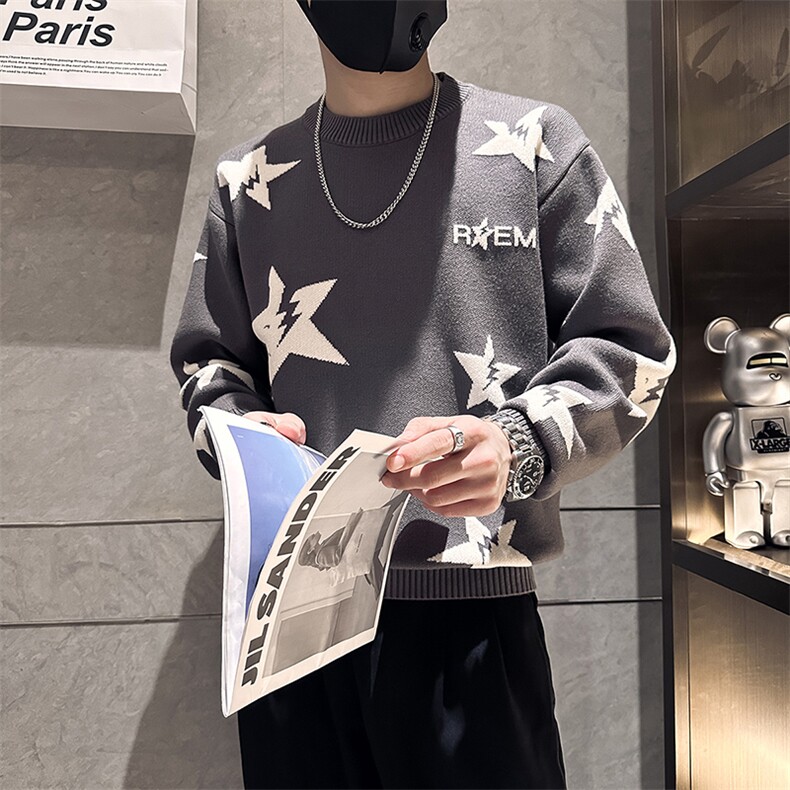 痞帅炸街撞色男士星星套头毛衣社会小伙店主风301C-M40-P68-控98,男装针织衫/毛衣,星座301C（原B323）