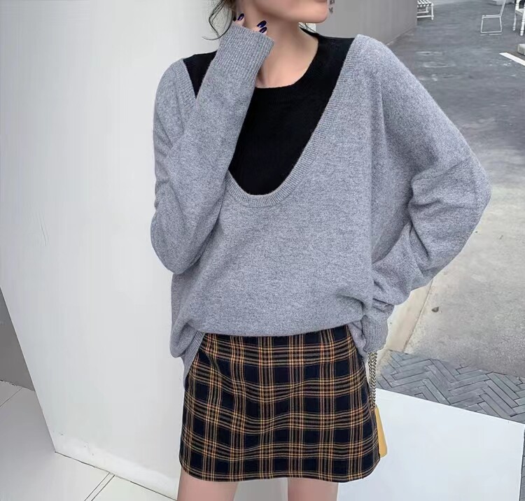 秋季新款舒适显瘦时尚百搭深U领两件套羊毛衫,女装羊毛衫,恒恩羊绒