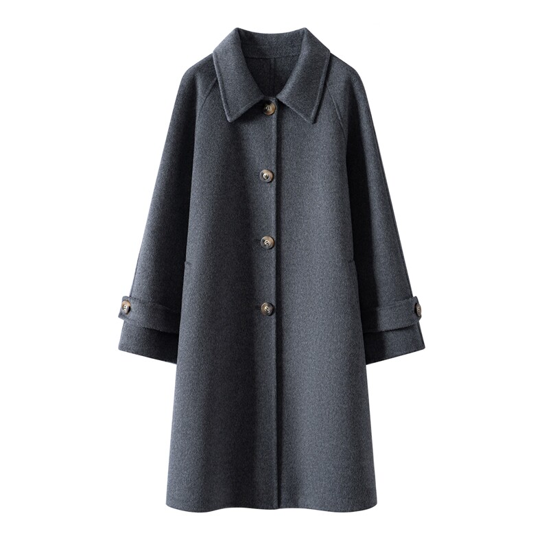 2025年秋季新款百搭女士POLO领长袖长款系扣大衣，女装双面呢大衣，织美生