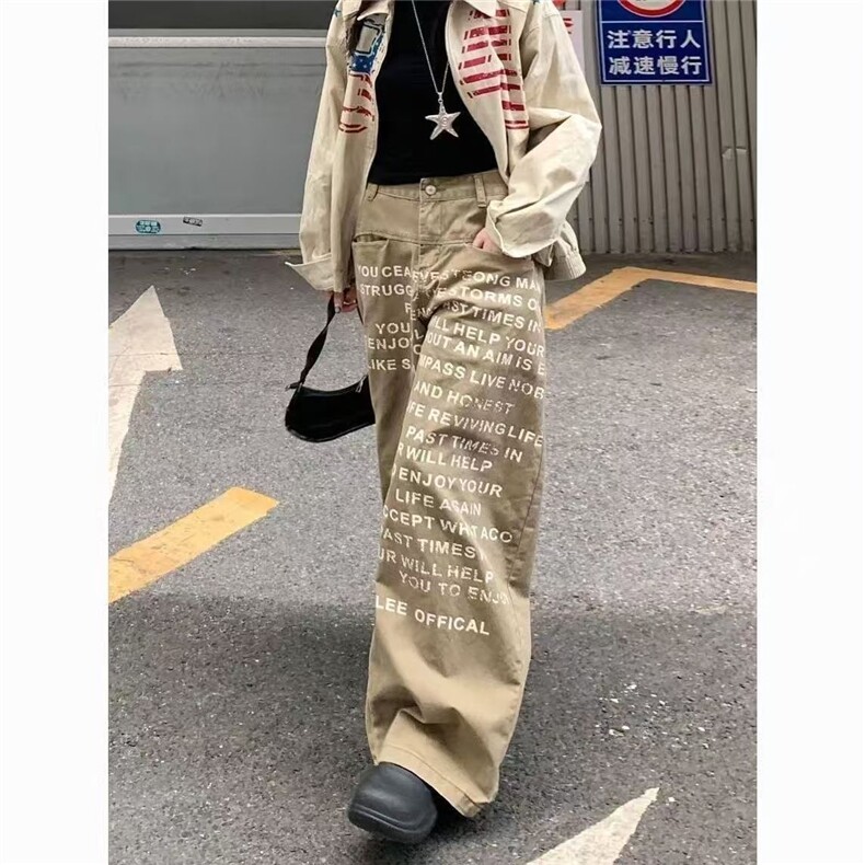 美式复古卡其色字母弯刀牛仔裤春秋款高街宽松显瘦阔腿拖地裤子潮,男装牛仔裤,星座1210-1