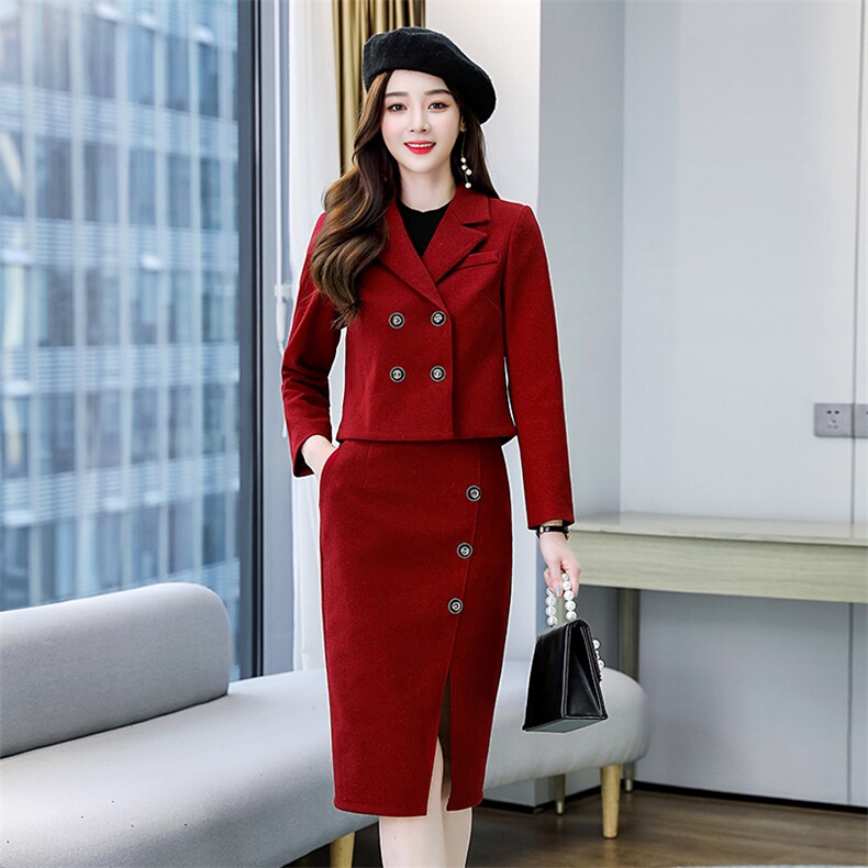 职业毛呢套装女2024春秋新款时尚气质女神范短款西装开叉裙两件套,女装套装/套裙,韩美纤衣