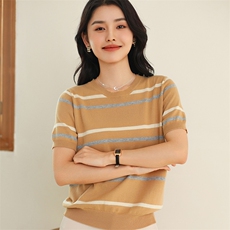 条纹纯棉线短袖t恤女针织打底衫女夏季新款拼色圆领半袖短款上衣，女装T恤，伊绒腾羊绒