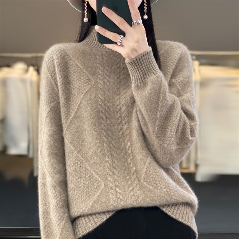 重磅加厚100纯羊毛半高领毛衣女2025新款保暖绞花内搭针织打底衫,针织衫/毛衣,大美人包芯纱店
