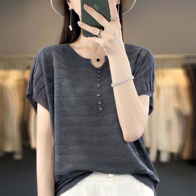 夏季新款简约竹节麻短袖女宽松百搭显瘦上衣时尚休闲T恤,女装T恤,贵皇网供仓
