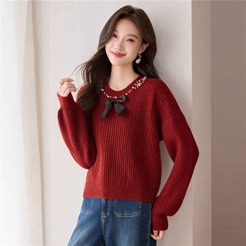 2025年秋季法式小香风气质针织衫女钉珠喇叭袖蝴蝶结新款本命年，女装羊毛衫，艾米