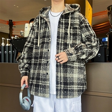 秋冬圈圈毛男装夹克外套呢料加厚格子港风衣连帽衬衫5730P60，男装风衣，电商A056