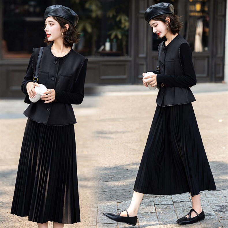 法式马甲连衣裙女春秋季2025新款高级感气质显瘦百褶裙套装两件套，女装套装/套裙，意芙