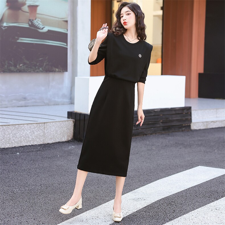早秋长袖假两件连衣裙女2024春秋新款包臀开叉中长款打底裙子,女装连衣裙,霓裳依族