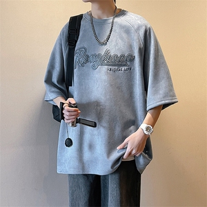 麂皮绒短袖t恤男夏季美式复古潮牌五分袖宽松半袖体恤T0232-P35图片