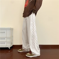 日系棋盘格休闲裤子男美式复古运动卫裤垂感阔腿直筒裤潮GK47-P35，男装休闲裤，星座1008-1