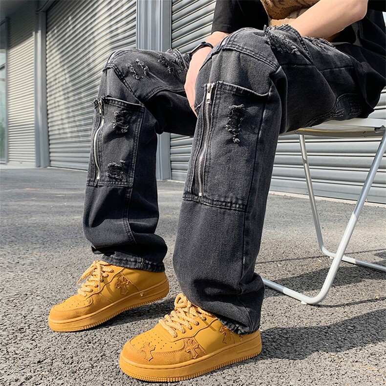 高街重工牛仔裤设计感拉链破洞vibe风潮流直筒裤子男N06038-P50,男装牛仔裤,星座308B-1