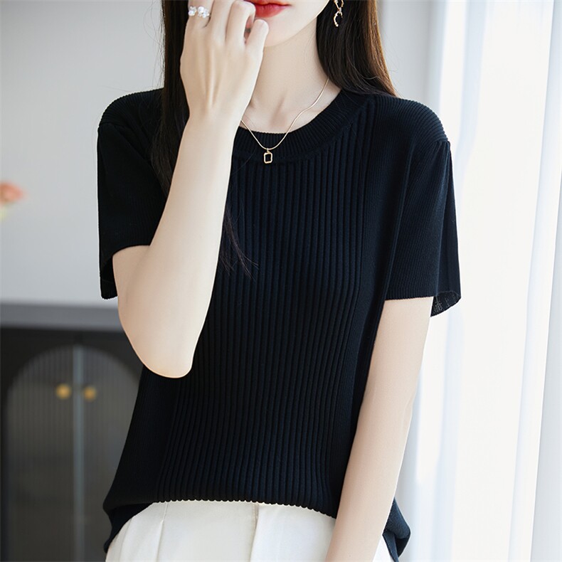 设计感小众正肩短袖女t恤夏季新修身短款灰色上衣服,女装T恤,广悦羊绒
