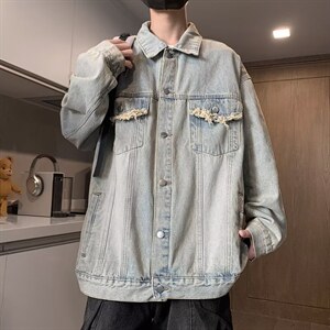 潮牌美式做旧水洗拼接牛仔外套男女复古宽松百搭夹克W016-P47网图，男装工装外套，电商B245