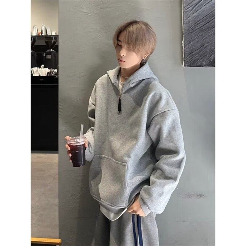 潮牌美式复古纯色半拉链连帽卫衣男女款秋冬宽松外套WJ59,男装卫衣,星座1116A（原606A-3）