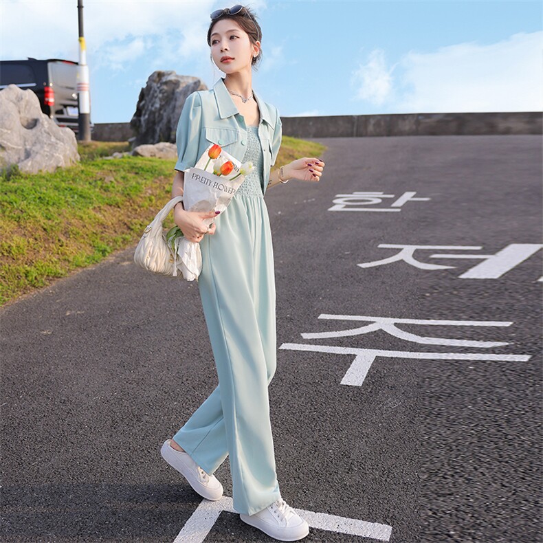 2024年夏款薄款外套吊带连体阔腿裤时尚气质两件套,女装套装/套裙,瑶迪