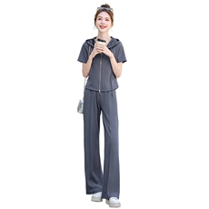 女夏季新款时尚休闲运动套装减龄显瘦开衫连帽短袖阔腿长裤两件套，女装套装/套裙，2C310