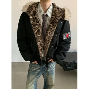 美式复古棉袄派克服豹纹毛领连帽棉服男冬季加厚棉衣外套 M5036图片