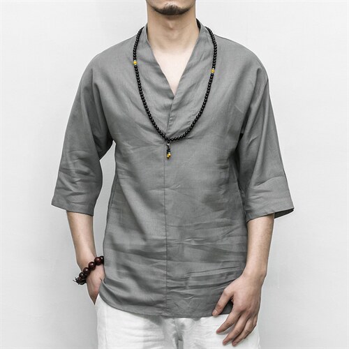 风棉麻V领亚麻短袖中式汉服唐装七分袖衬衣亚麻衬衫 M113 P40图片