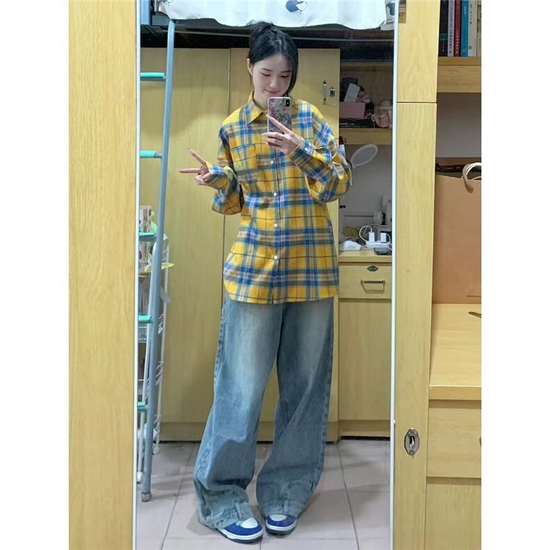 春夏黄色格子长袖衬衫男友风宽松情侣休闲外套男女潮牌601-1-AC03,男装衬衫,星座601-1
