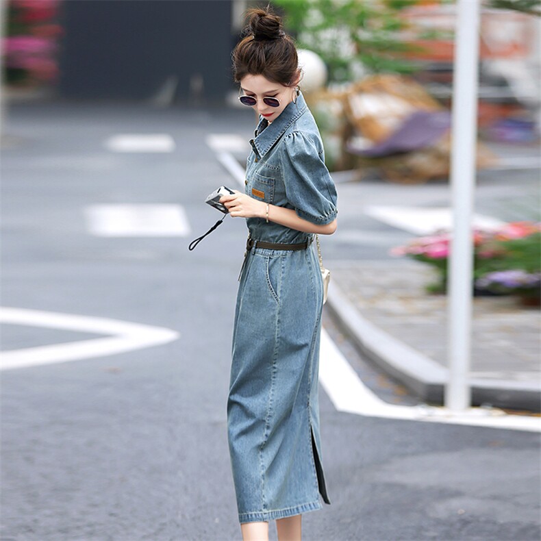 短袖牛仔连衣裙女中长款2025年夏装小个子洋气网红气质a字裙子,女装连衣裙,E百度