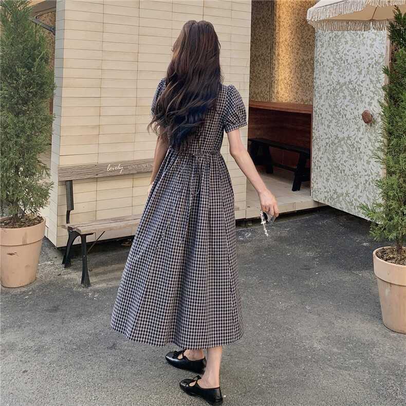 现货细格子泡泡袖系带显瘦棉质连衣裙2C167-830-P125-K178,女装连衣裙,2C167