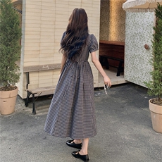 现货细格子泡泡袖系带显瘦棉质连衣裙2C167-830-P125-K178，女装连衣裙，2C167