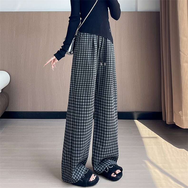 休闲直筒高腰复古格子裤女宽松抽绳阔腿慵懒风加长阔腿裤,女装休闲裤,云美莎专业女裤-全店现货