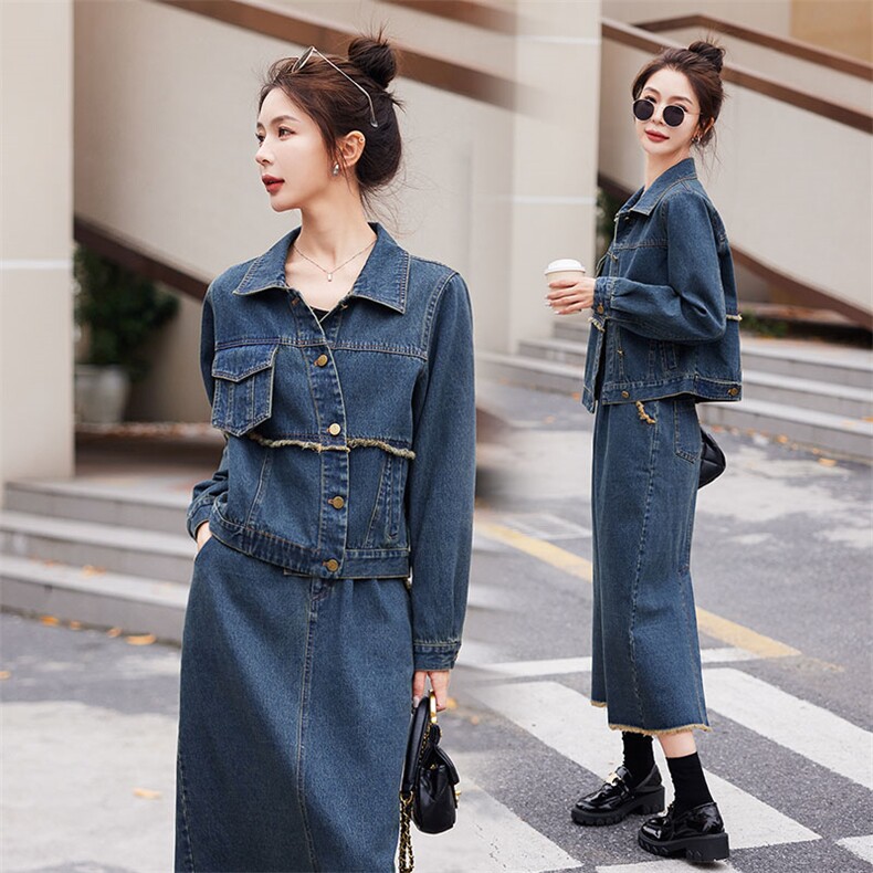 时尚显瘦牛仔套装套裙女秋季新款气质百搭长袖外套连衣裙两件套，女装套装/套裙，秋水欣儿