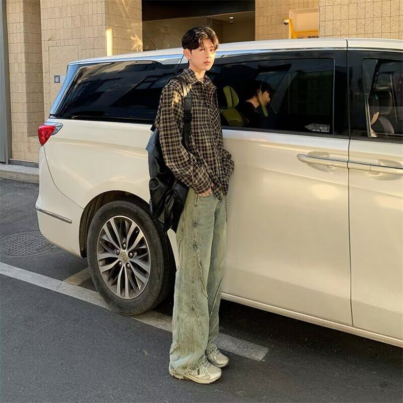美式复古做旧泥黄微喇牛仔裤男春季vibe潮牌水洗宽松直筒长裤,男装牛仔裤,星座410-6（原星座1304-1）