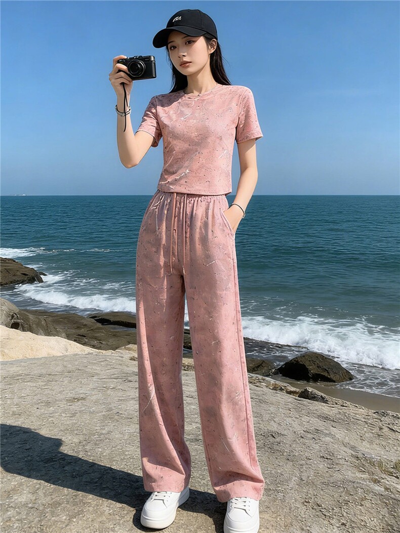 潮牌时尚休闲运动套装女夏季新款粉色扎染圆领短袖上衣长裤两件套,女装套装/套裙,江南