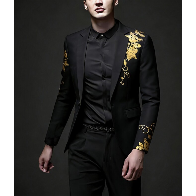 男士佩斯利烫金印花男士婚礼休闲修身西装X10P60，男装西服套装，星座1314