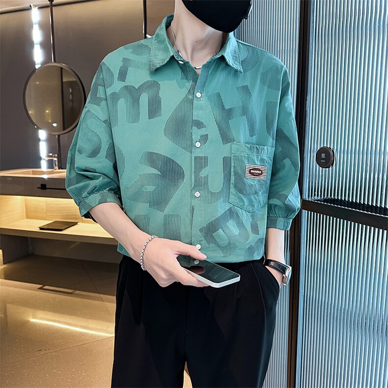 2025春季新款男士衬衫男生七分袖印花衬衫潮牌宽松上衣901C12P58,男装衬衫,星座901