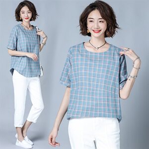 2025年夏季休闲格子潮流舒适时尚蕾丝衫/雪纺衫短袖圆领优雅,女装蕾丝衫/雪纺衫,风姿绰