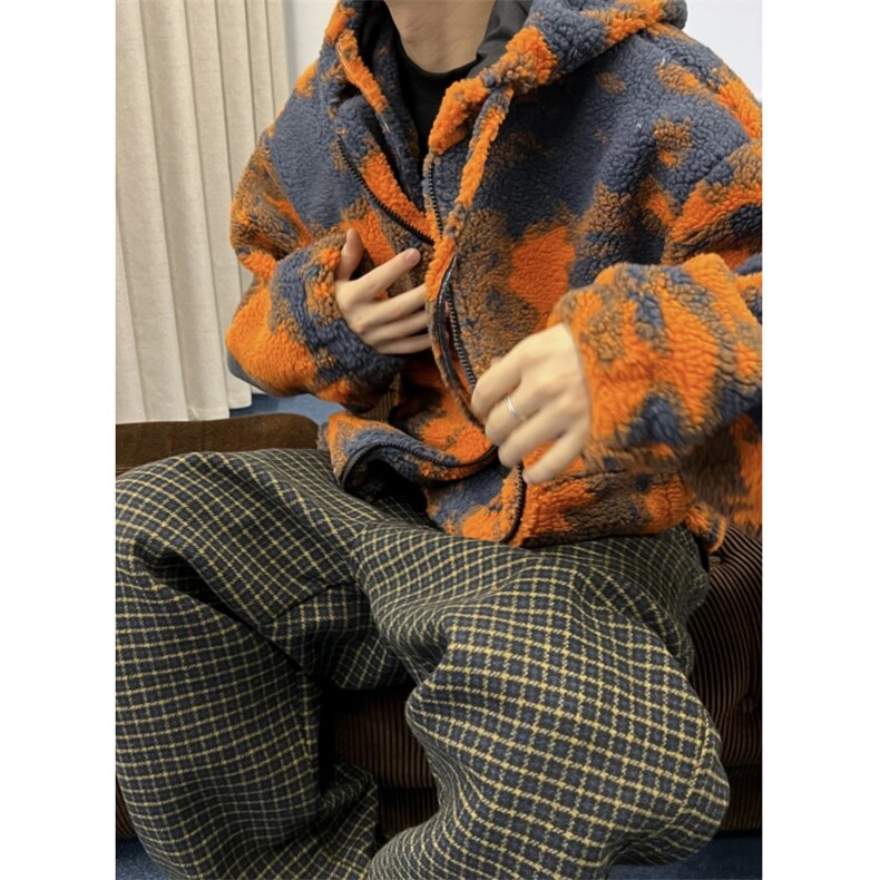WT109-P110橙色火烧云扎染连帽男羊羔毛保暖厚外套,男装棉衣,星座1501-3