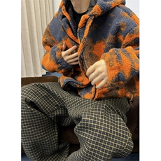 WT109-P110橙色火烧云扎染连帽男羊羔毛保暖厚外套，男装棉衣，星座1501-3
